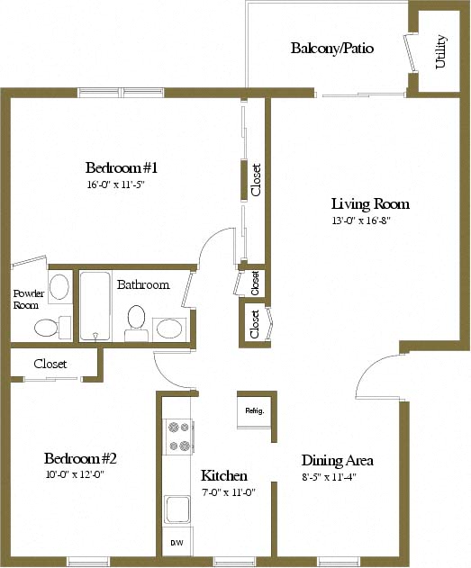 Floor plan for 2 beds, 1.5 baths, 1021 sqft